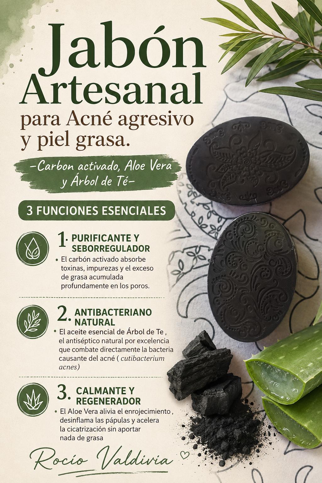 JABÓN DE CARBÓN ACTIVADO, CON ALOE VERA Y ARBOL DE TE. (ACNÉ AGRESIVO Y PIEL GRASA)